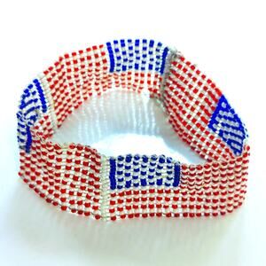 Vintage Seed Bead 4th Of July USA American Flag Handmade Large Bracelet Cuff 8"